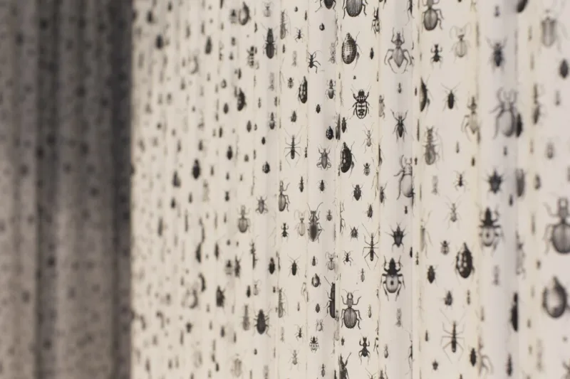 Installation detail: wallpaper, wood, For Our Economy and Culture, Pavilion of Slovenia, Venice Biennial