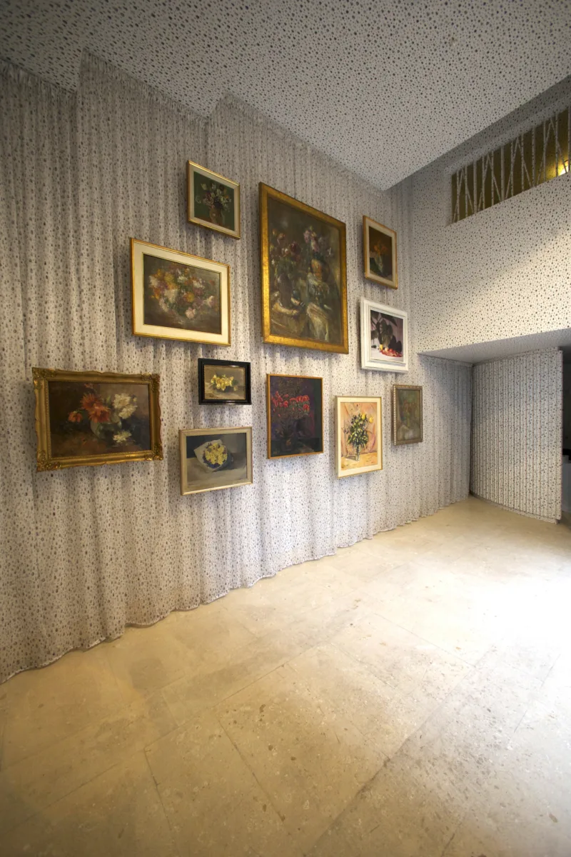 Installation view: still life paintings from the art collection of the National Assembly of Slovenia, curtains, wallpaper, For Our Economy and Culture, Pavilion of Slovenia