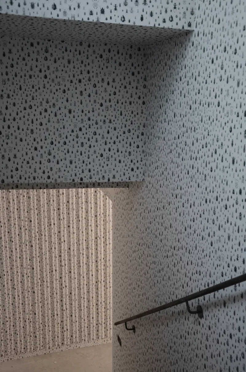 Installation detail: wallpaper, wood, For Our Economy and Culture, Pavilion of Slovenia, Venice Biennial