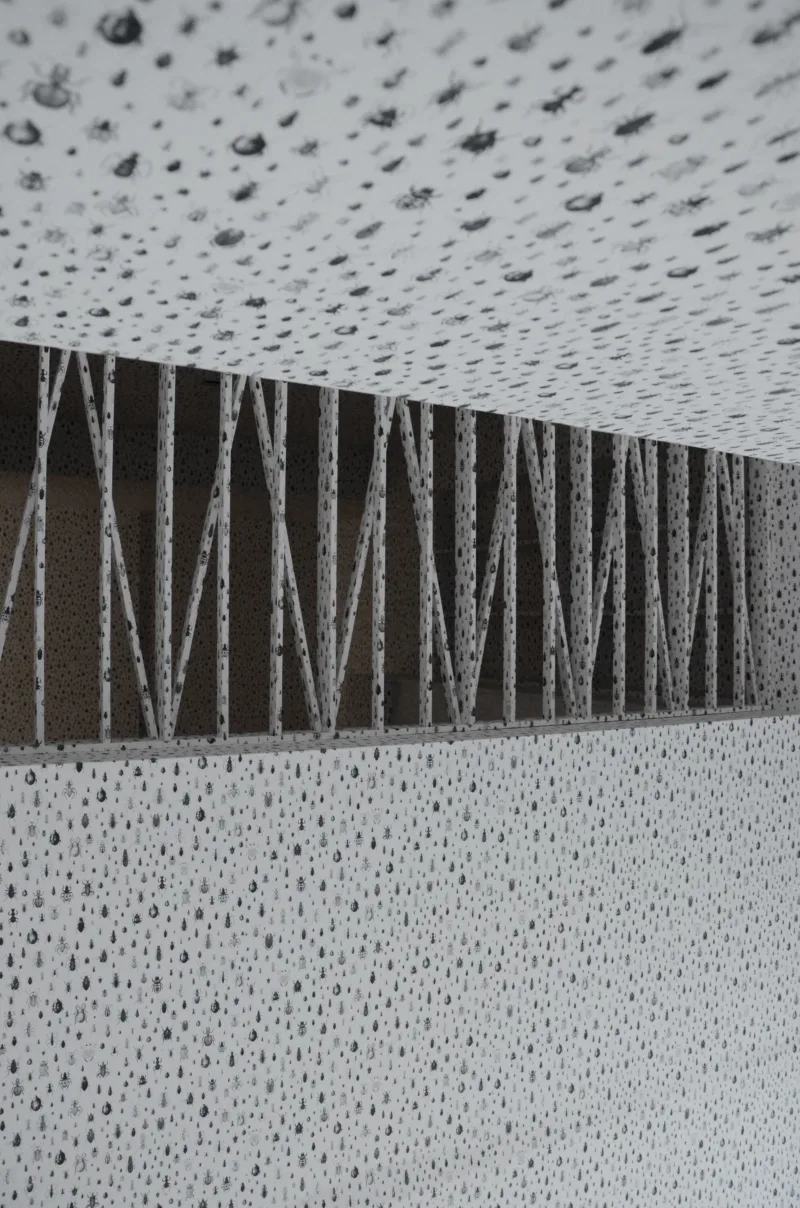 Installation detail: wallpaper, wood, For Our Economy and Culture, Pavilion of Slovenia, Venice Biennial