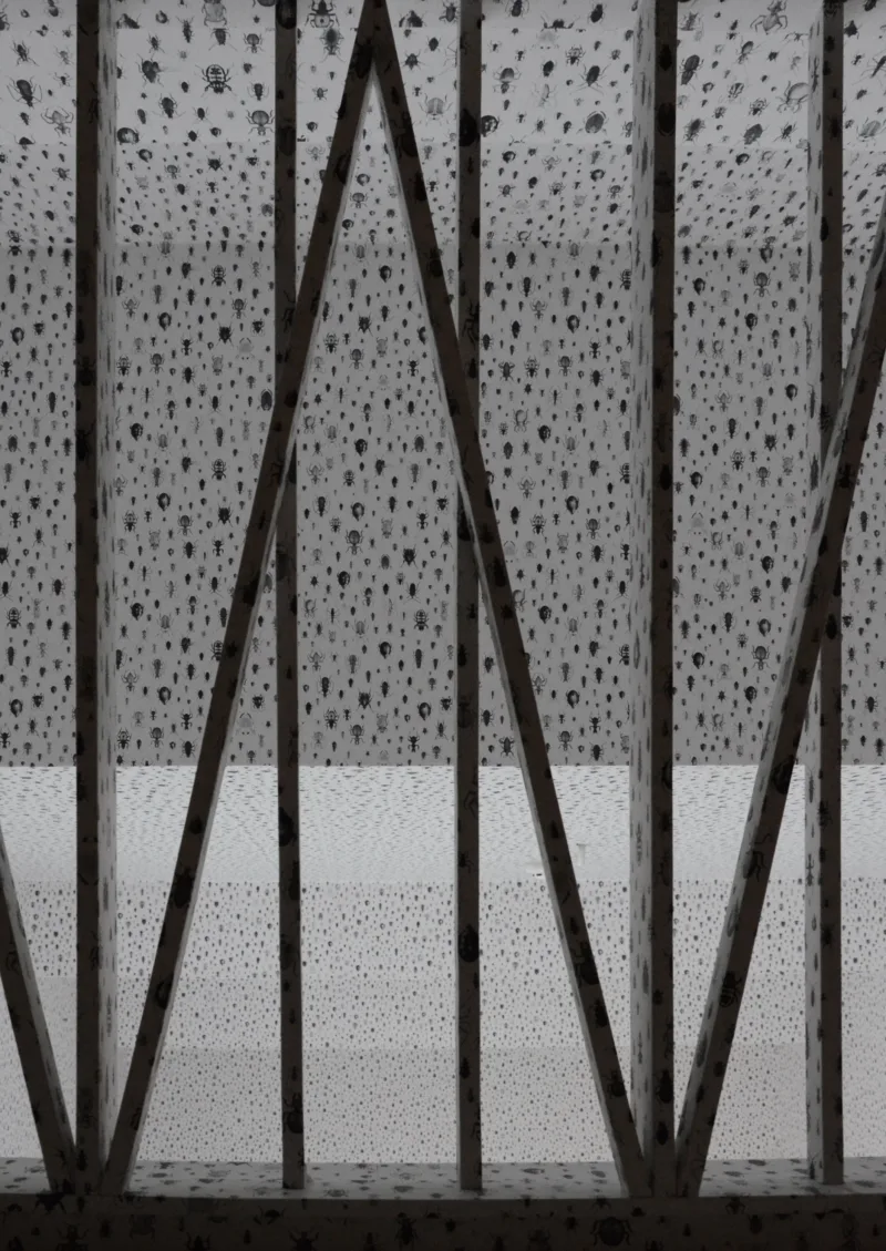 Installation detail: wallpaper, wood, For Our Economy and Culture, Pavilion of Slovenia, Venice Biennial