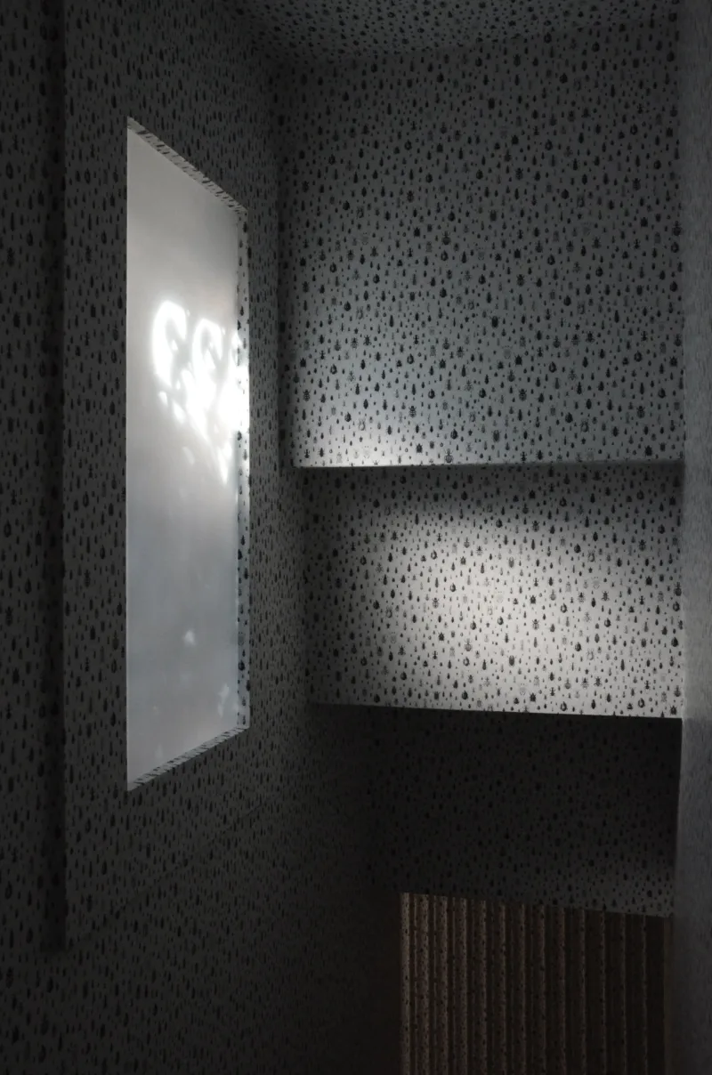 Installation detail: wallpaper, wood, For Our Economy and Culture, Pavilion of Slovenia, Venice Biennial