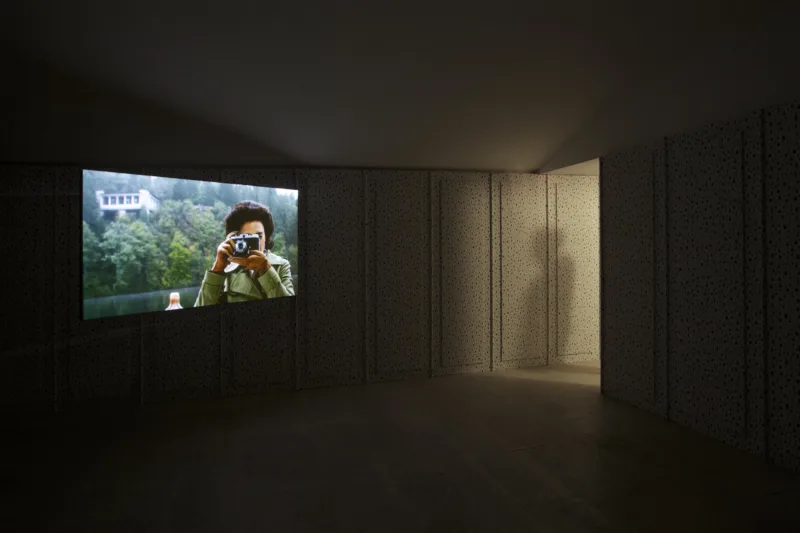 Installation view: Framing the Space, HD projection, stereo sound, wood, wallpaper, For Our Economy and Culture, Pavilion of Slovenia, Venice Biennial